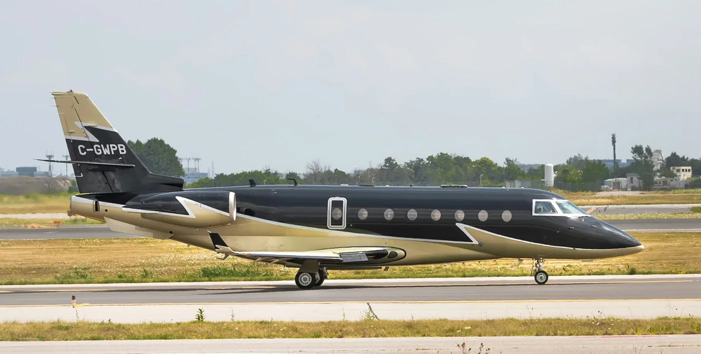 Private business jet in profile on an airfield, illustrating private aviation